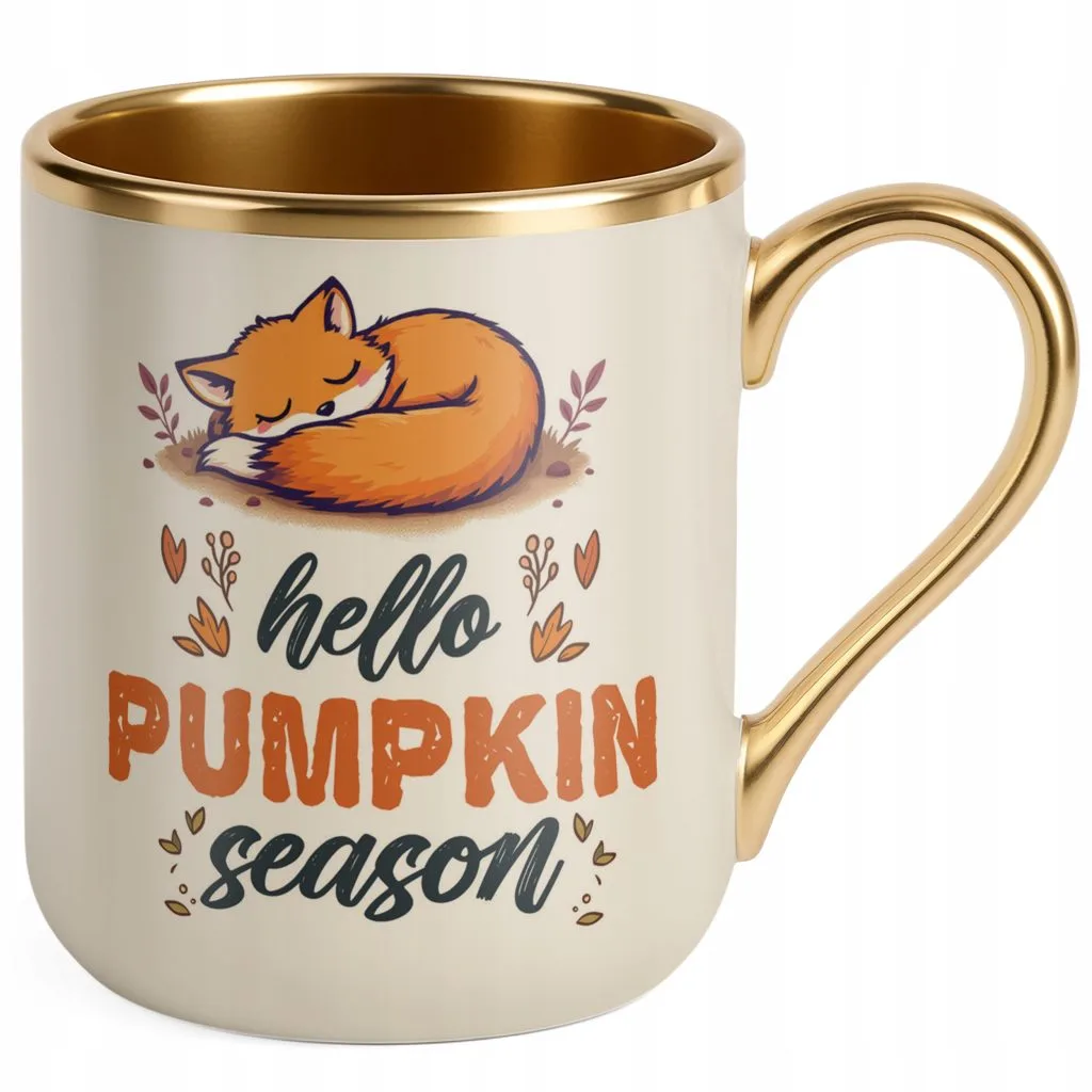 Kubek Premium Złoty Ecru Jesienny Jesień Hello Pumpkin Dynia Prezent