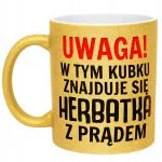 Złoty kubek brokatowy Uwaga Herbata Z Prądem Zabawny Prezent Upominek