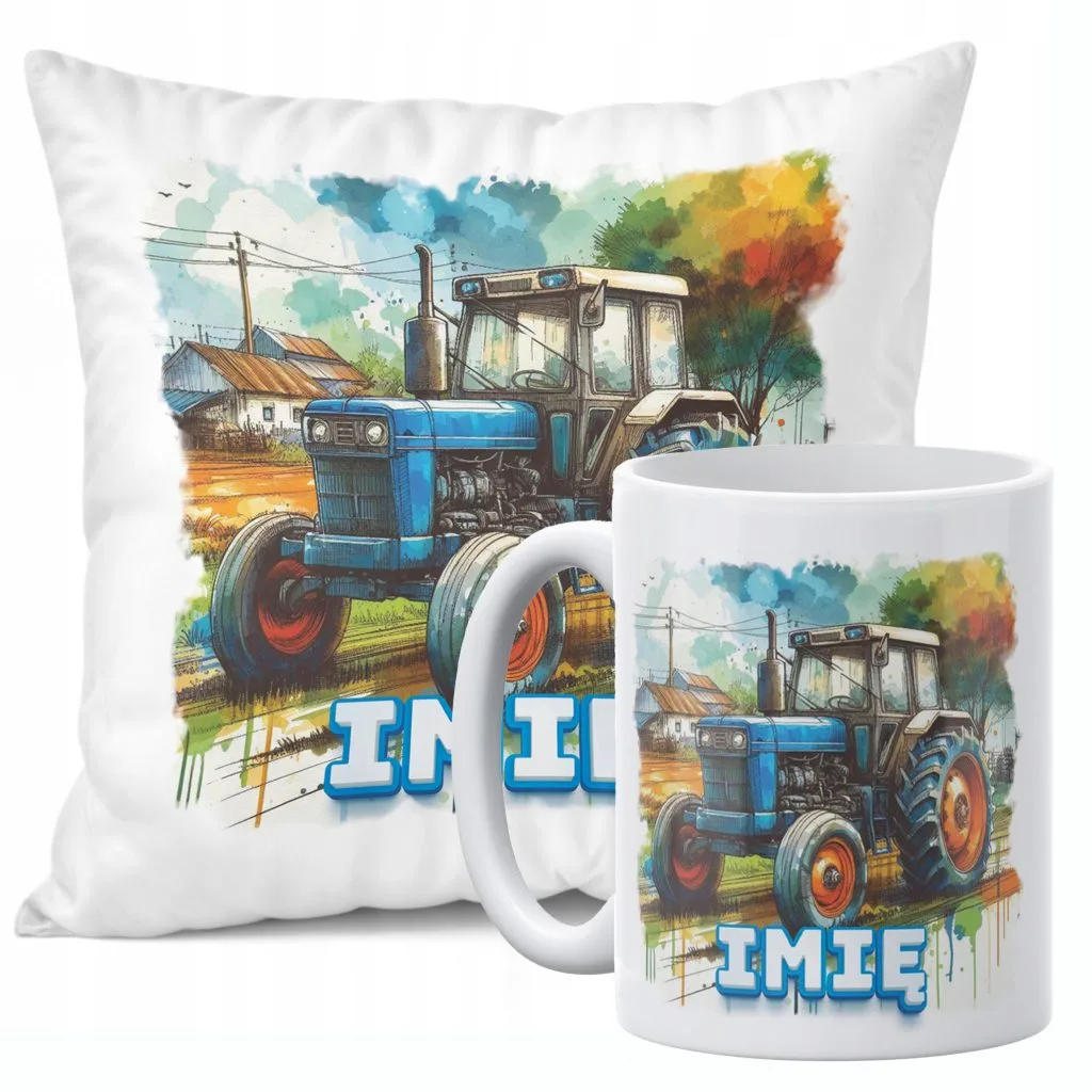 Zestaw Personalizowany Kubek + Poduszka 38×38 cm Traktor Dla Dzieci