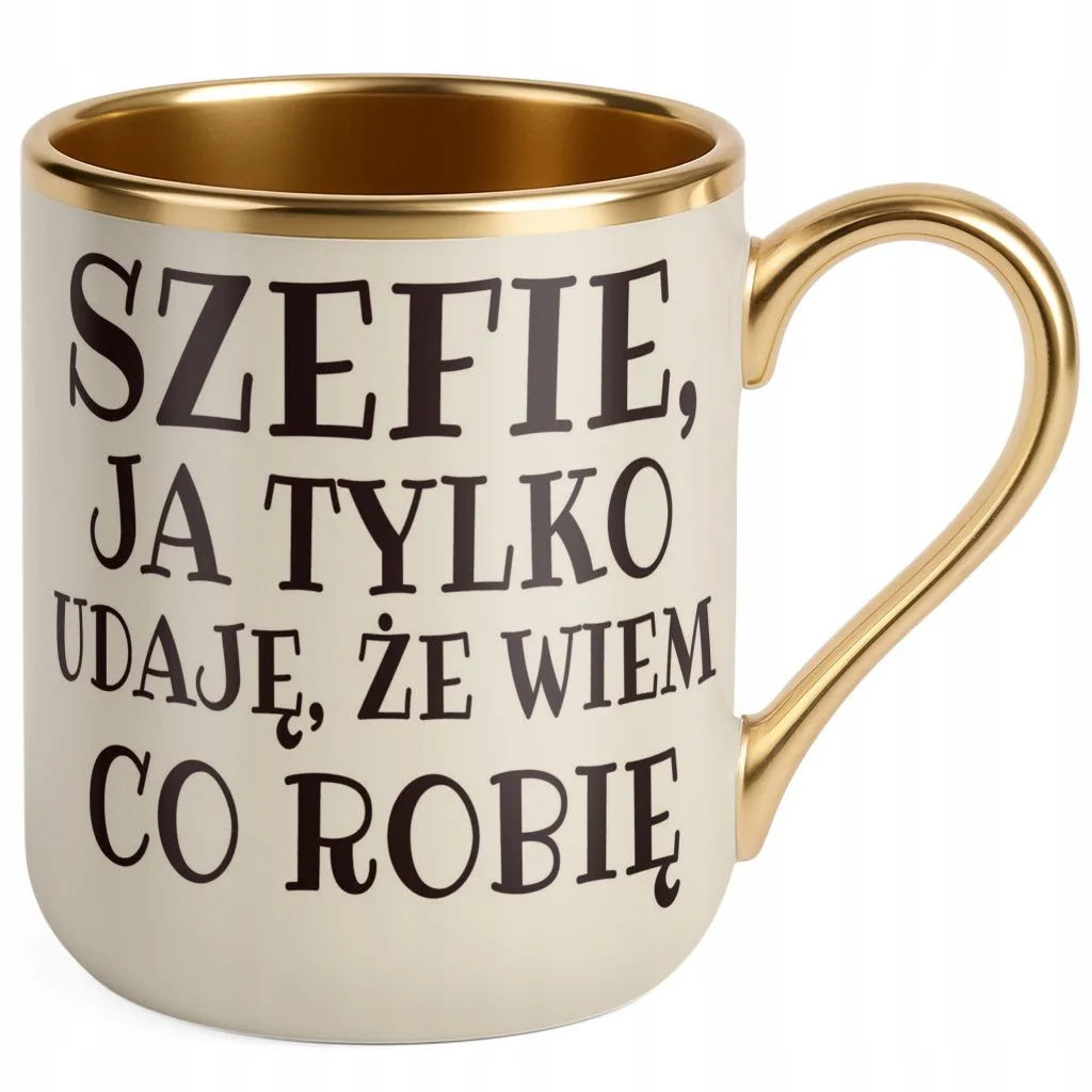 Kubek Premium Złoty Ecru Szefie Ja Tylko Udaję Śmieszny Prezent