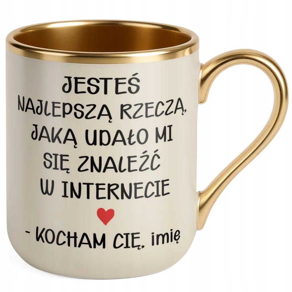 Kubek Premium Złoty Ecru Personalizowany Na Walentynki Kocham Cię