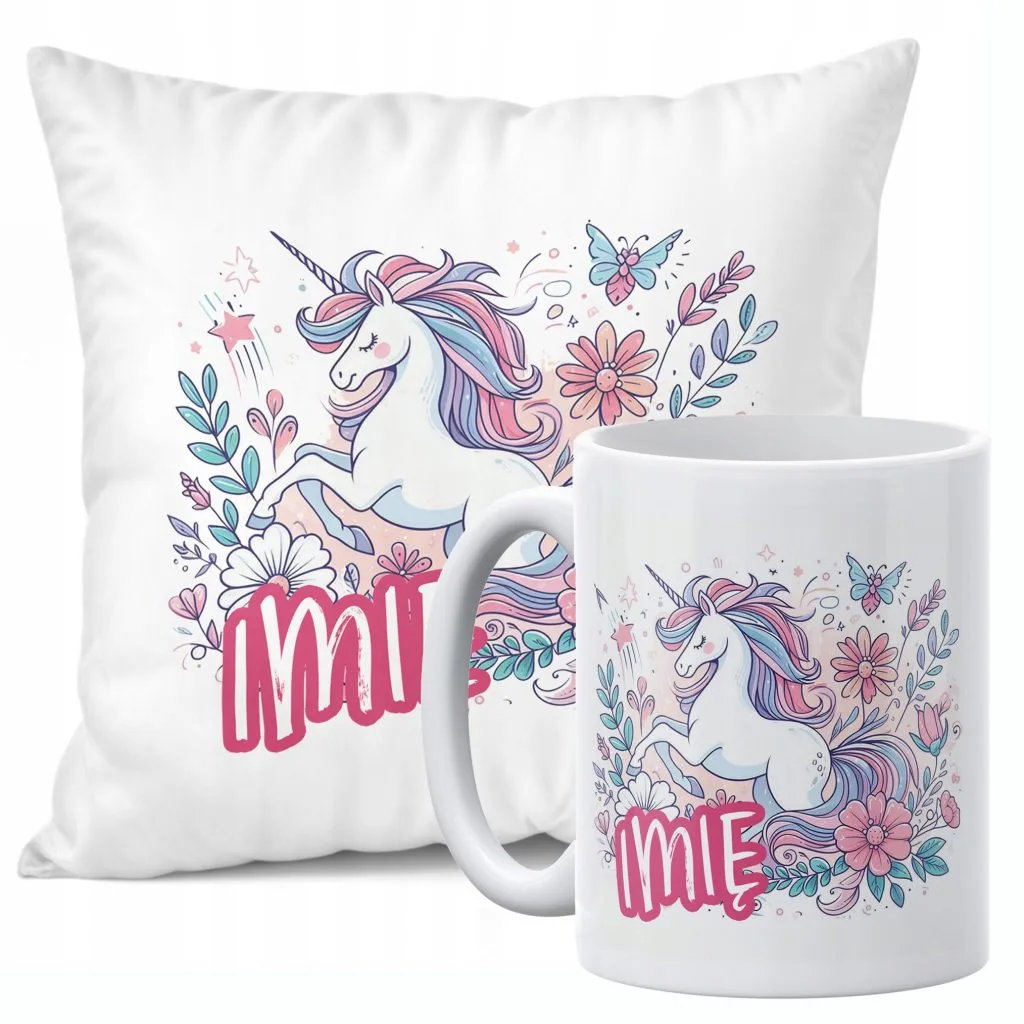 Zestaw Personalizowany Kubek + Poduszka 38×38 cm Z Imieniem Z Jednorożcem
