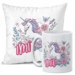 Zestaw Personalizowany Kubek + Poduszka 38×38 cm Z Imieniem Z Jednorożcem