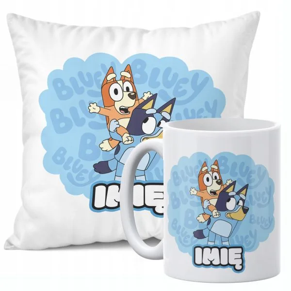 Zestaw Personalizowany Kubek + Poduszka 38x38 cm Dla Fanów Bajki Bluey