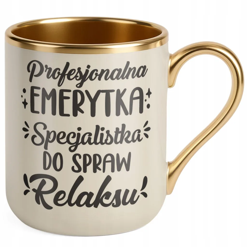 Kubek Premium Złoty Ecru Z okazji Emerytury Dla Emeryta Emerytki Prezent