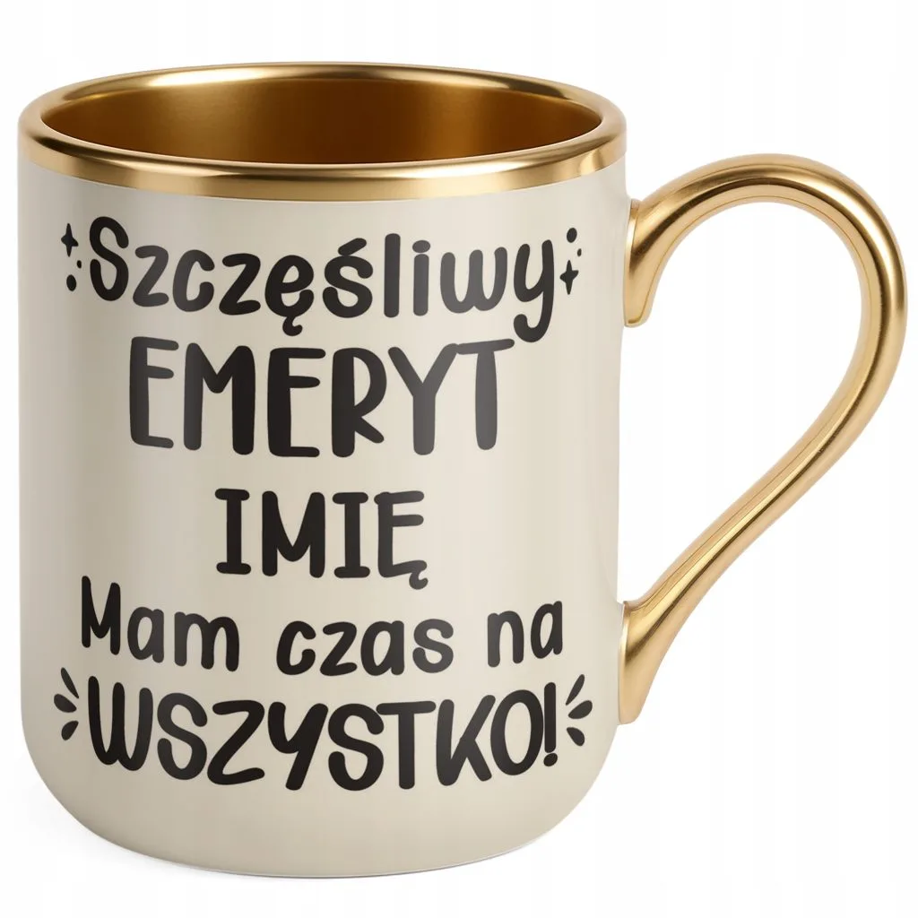 Kubek Premium Złoty Ecru Personalizowany z okazji Emerytury Dla Emeryta