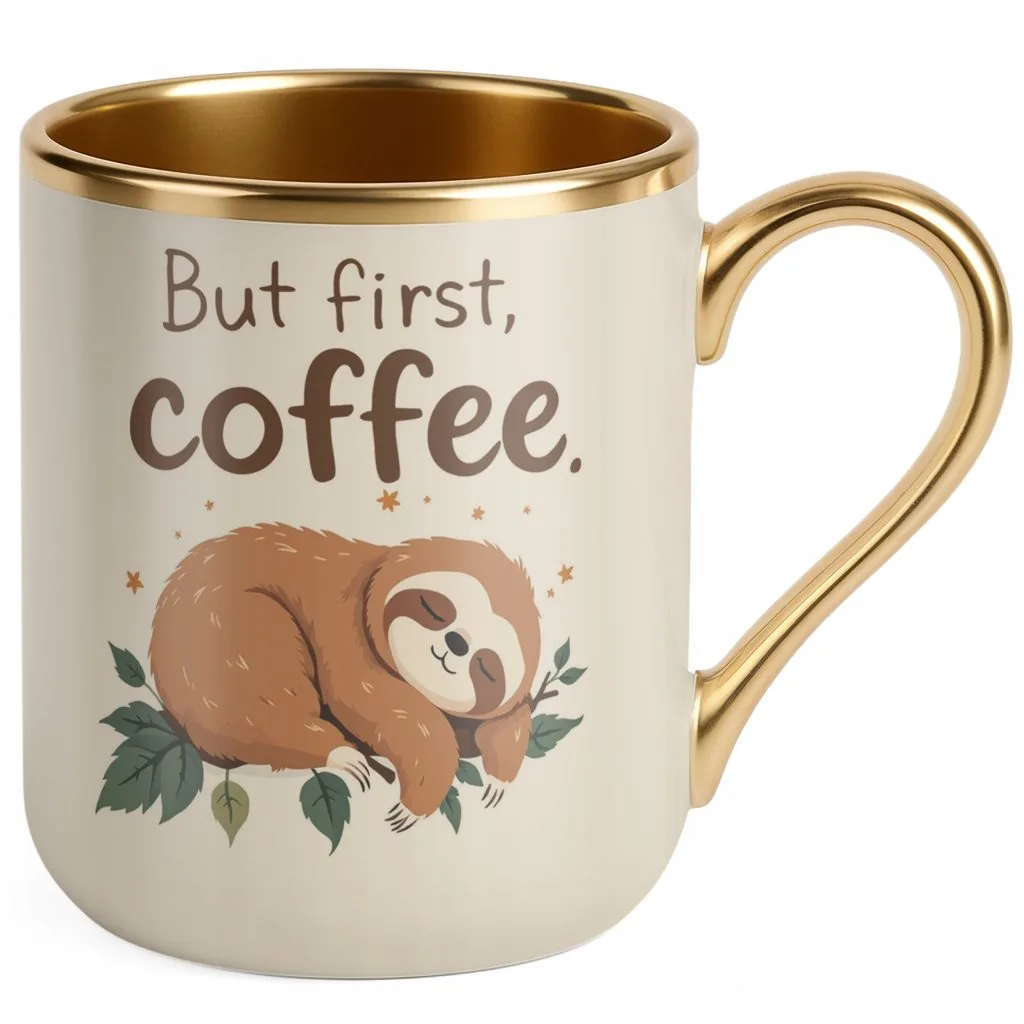 Kubek Premium Złoty Ecru But First Coffee Kawa Leniwiec Zabawny Prezent