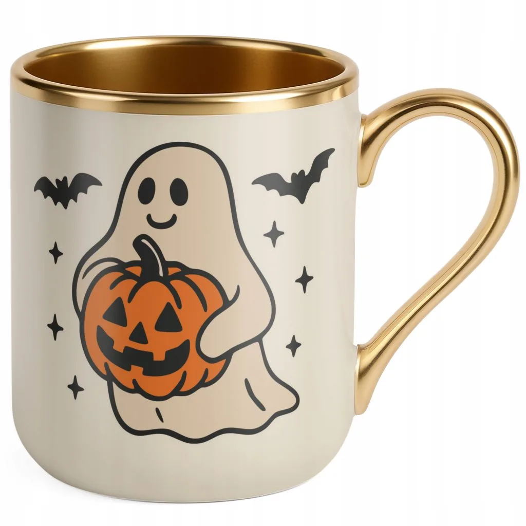Kubek Premium Złoty Ecru Halloween Jesień Dynia Duch Prezent Upominek