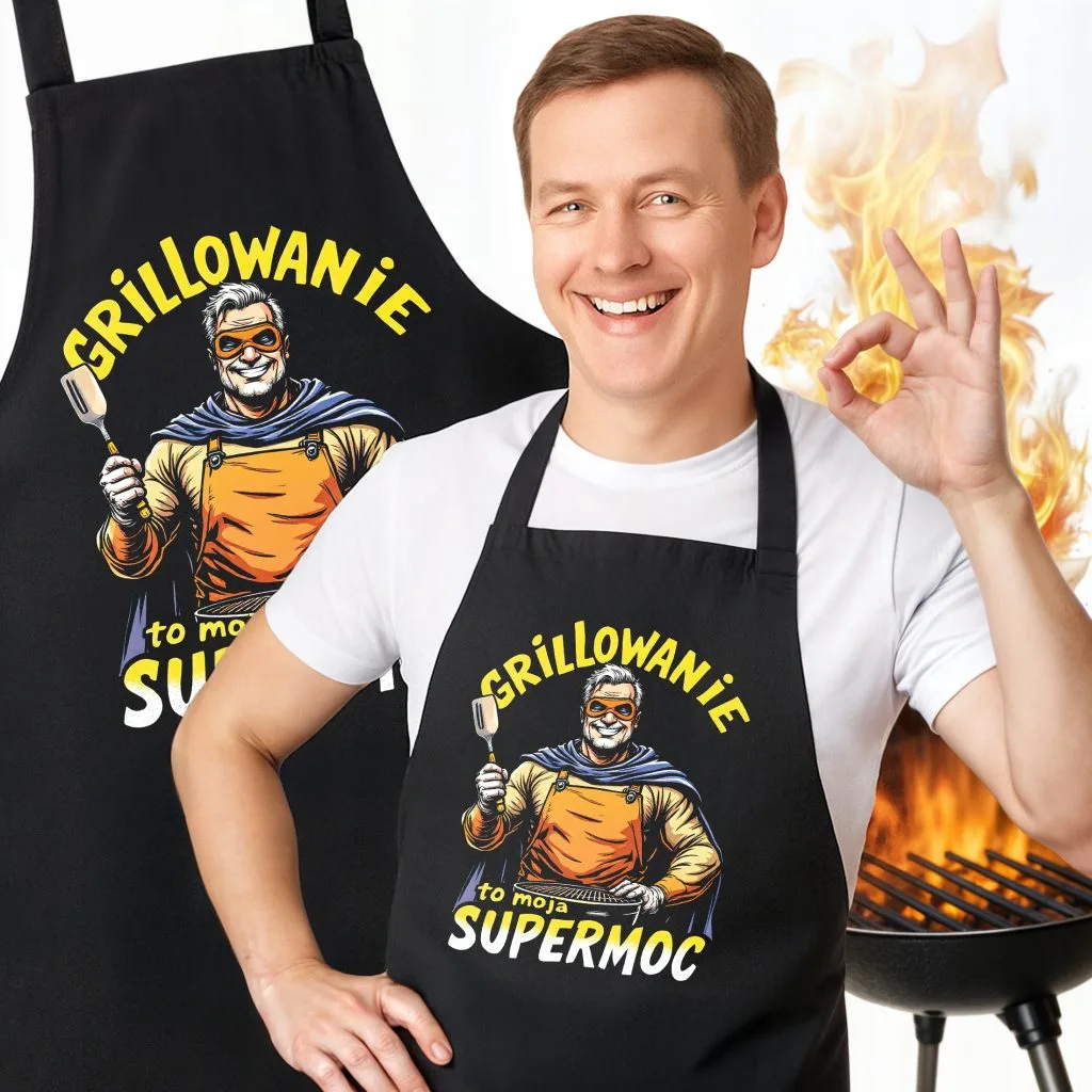 Bawełniany Czarny Fartuch Kuchenny Grillowanie Moja Supermoc Z Nadrukiem