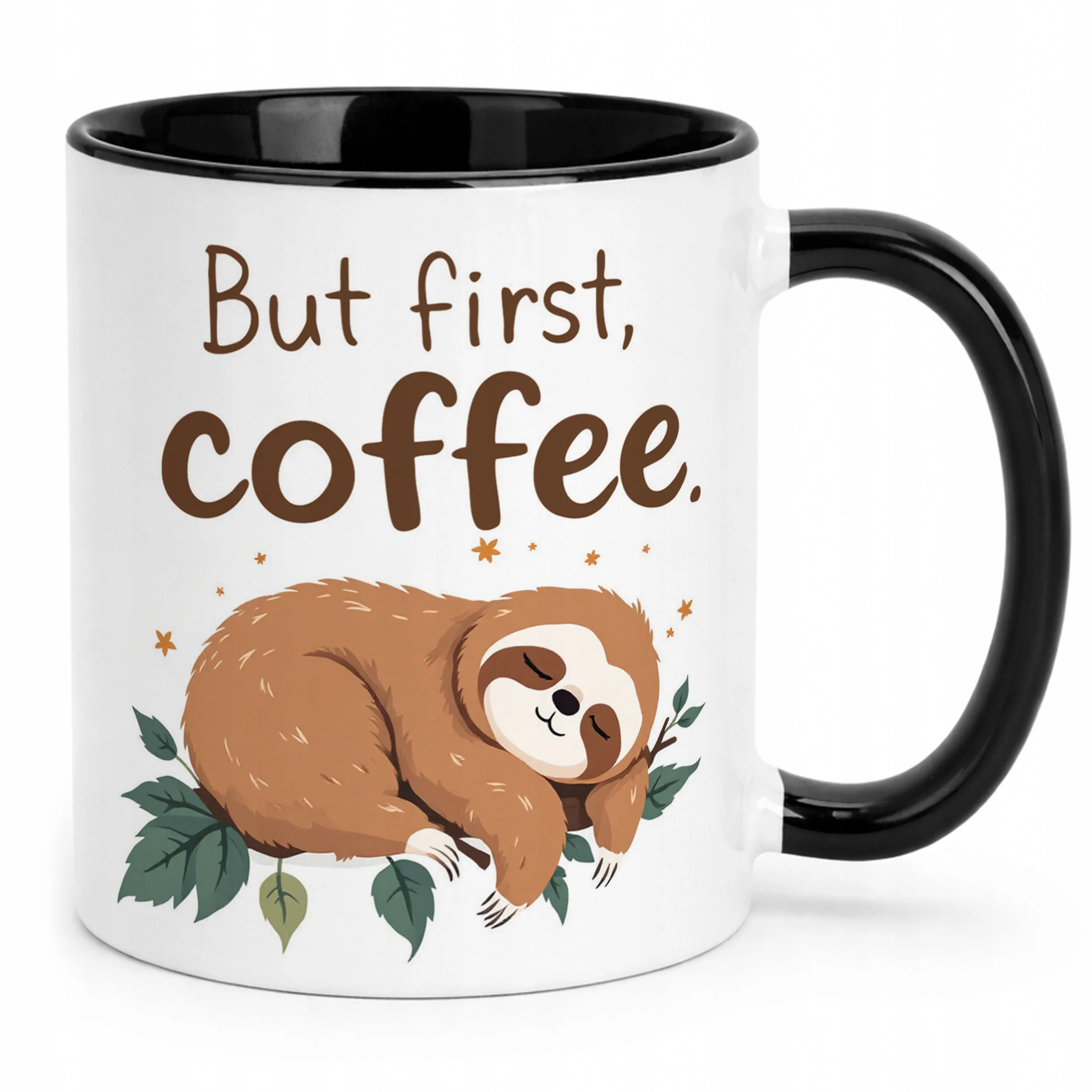 Kubek Czarny But First Coffee Kawa Leniwiec Zabawny Prezent