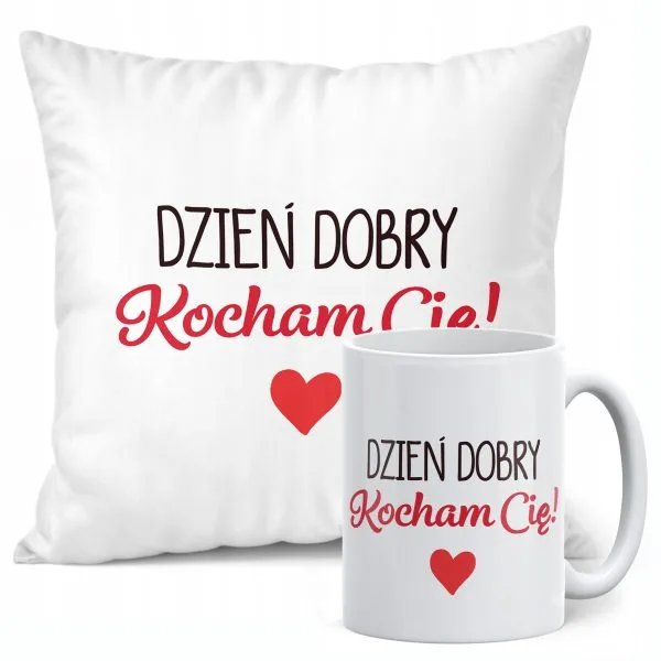 Zestaw Kubek + Poduszka 38x38 cm Walentynki Dzień Dobry Kocham Cię
