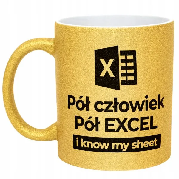 Złoty kubek brokatowy Pół Człowiek Pół Excel Praca Zabawny Prezent