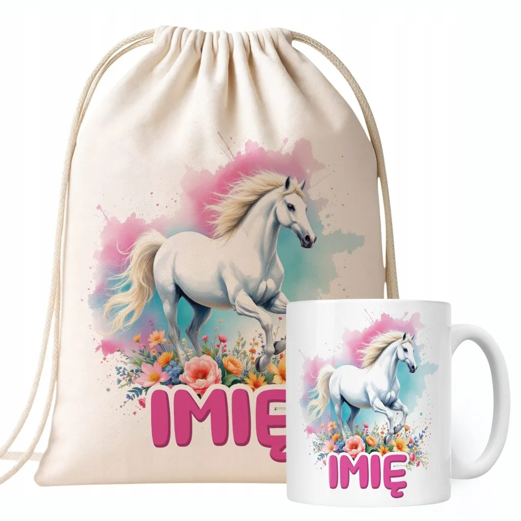 Zestaw personalizowany Kubek + Plecak Z Koniem Koń Słodki Dla Koniar