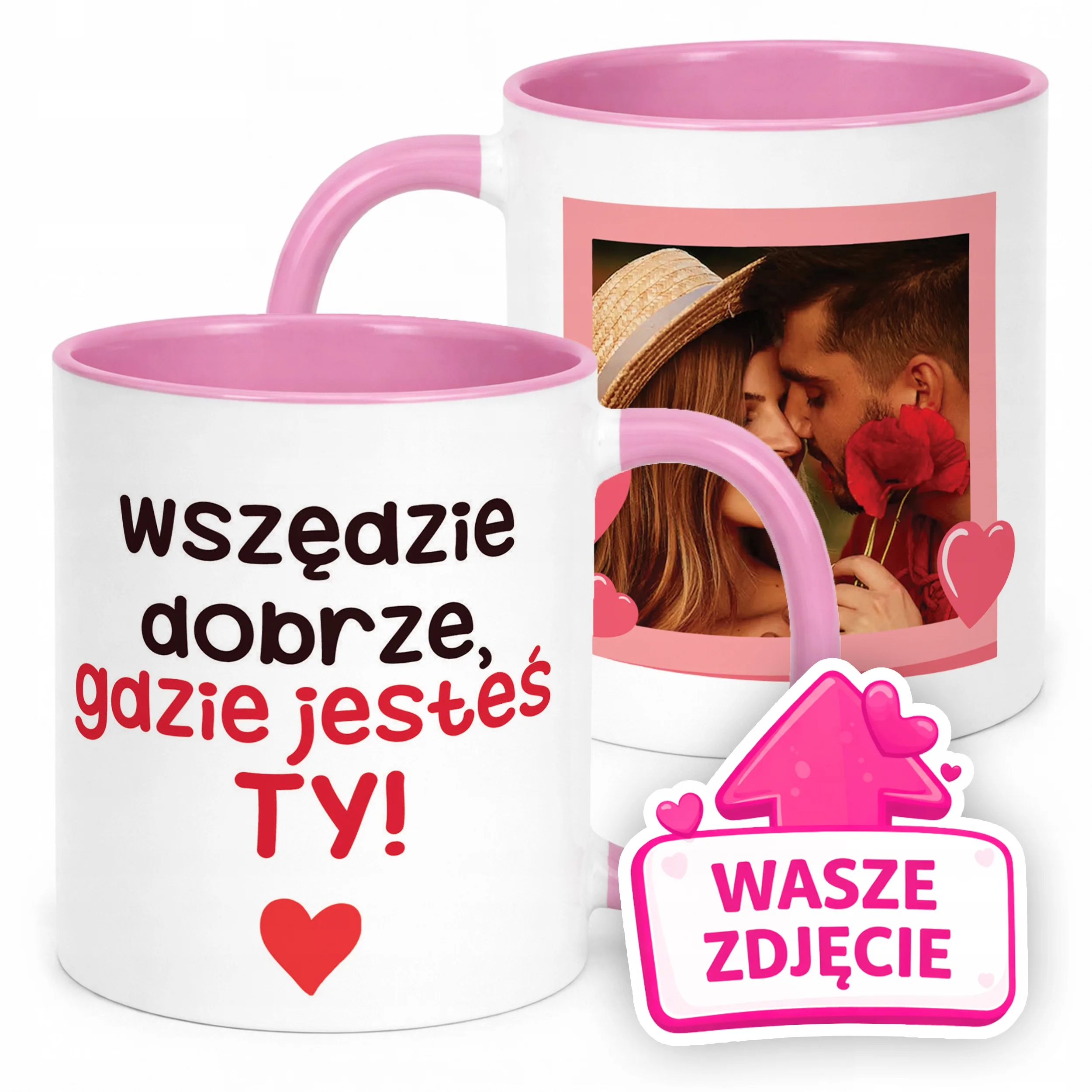 Kubek Różowy Z Własnym Zdjęciem Serce Walentynki Prezent Upominek