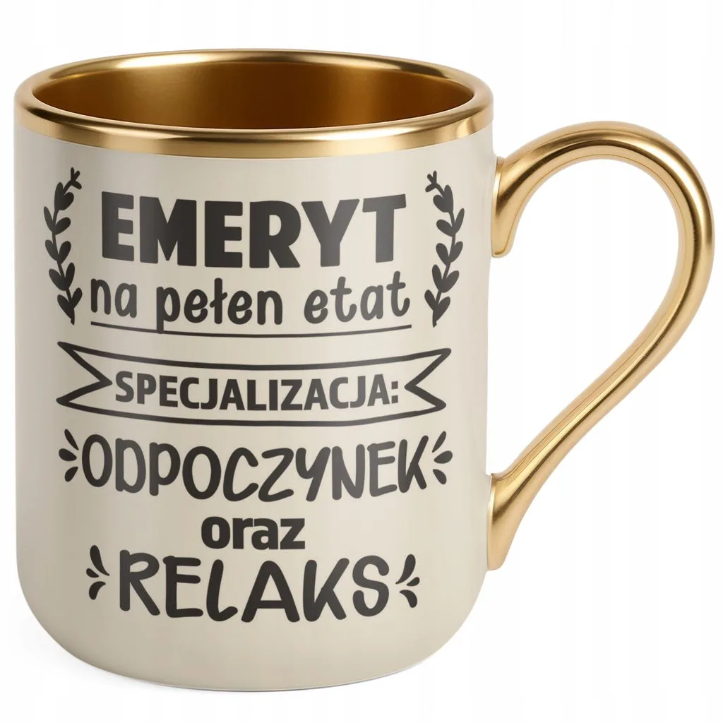 Kubek Premium Złoty Ecru Z okazji Emerytury Dla Emeryta Prezent