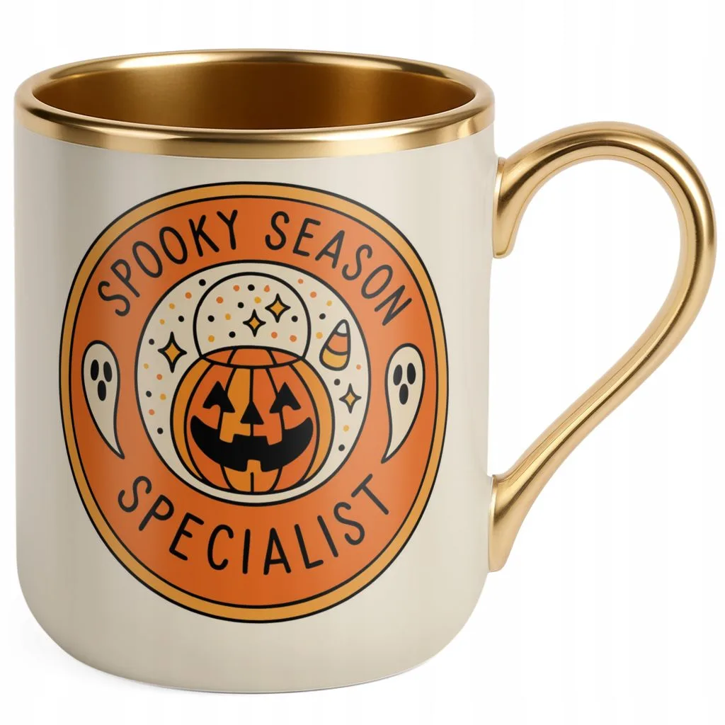Kubek Premium Złoty Ecru Halloween Spooky Season Dynia Jesień Prezent