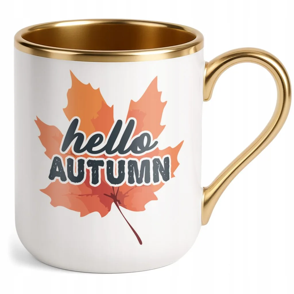 Kubek Premium Złoty Jesienny Jesień Hello Autumn Liść Prezent