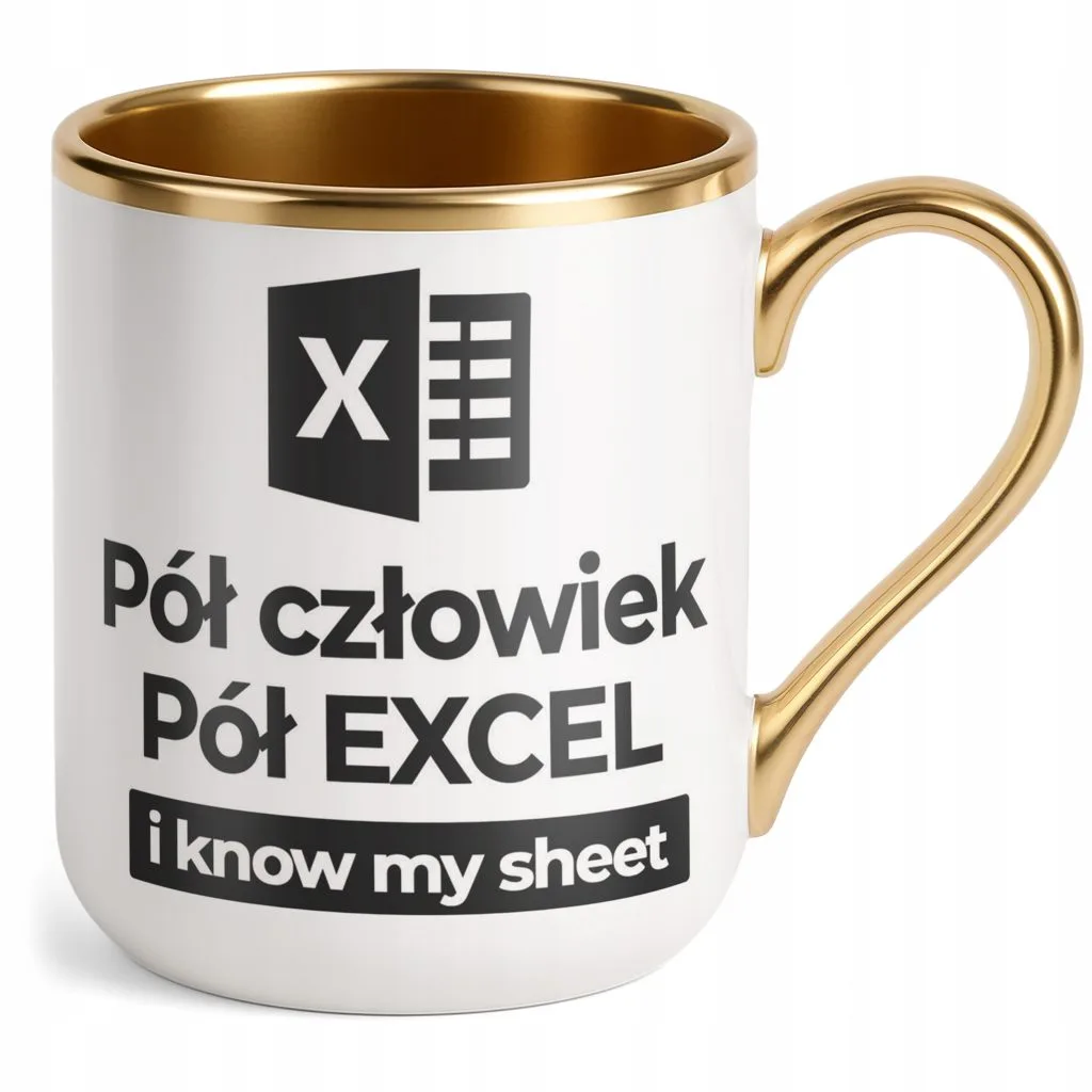 Kubek Premium Złoty Pół Człowiek Pół Excel Praca Zabawny Prezent