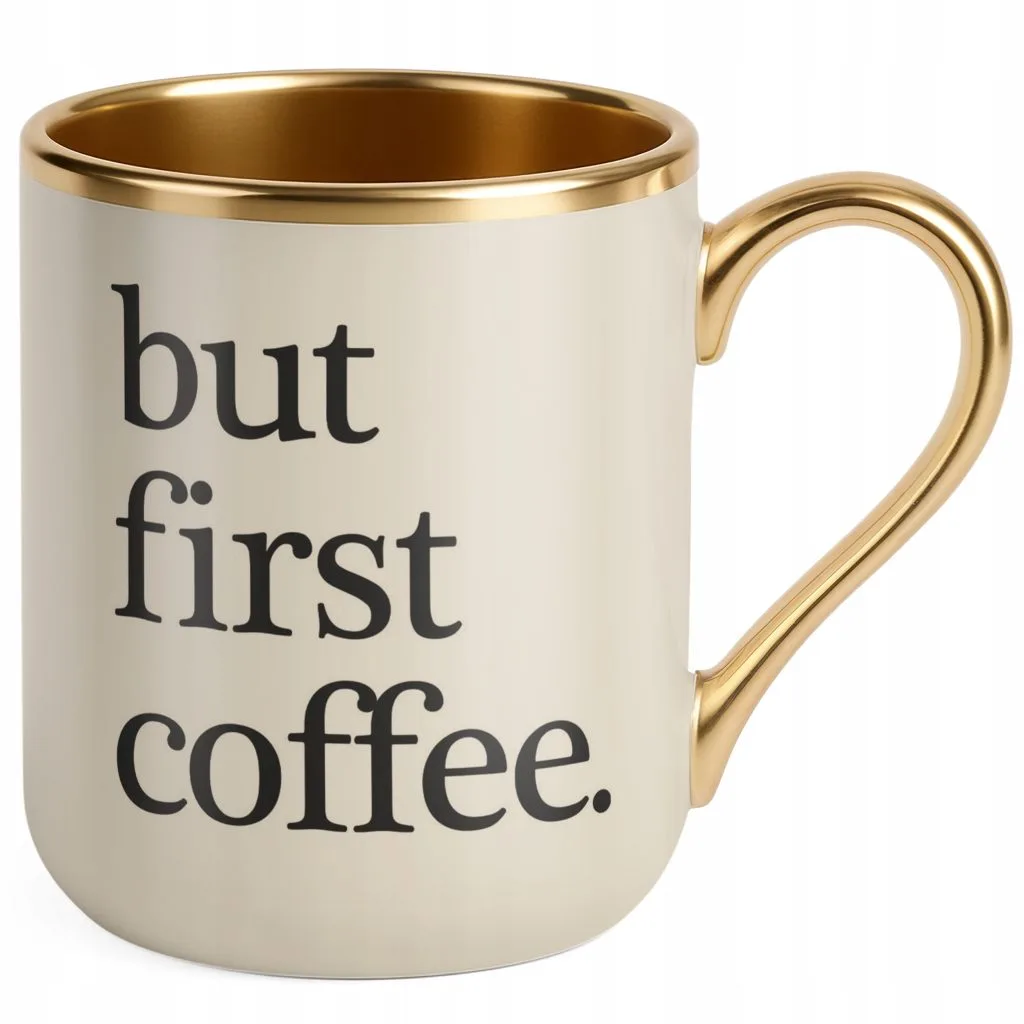 Kubek Premium Złoty Ecru But First Coffee Kawa Prezent Upominek