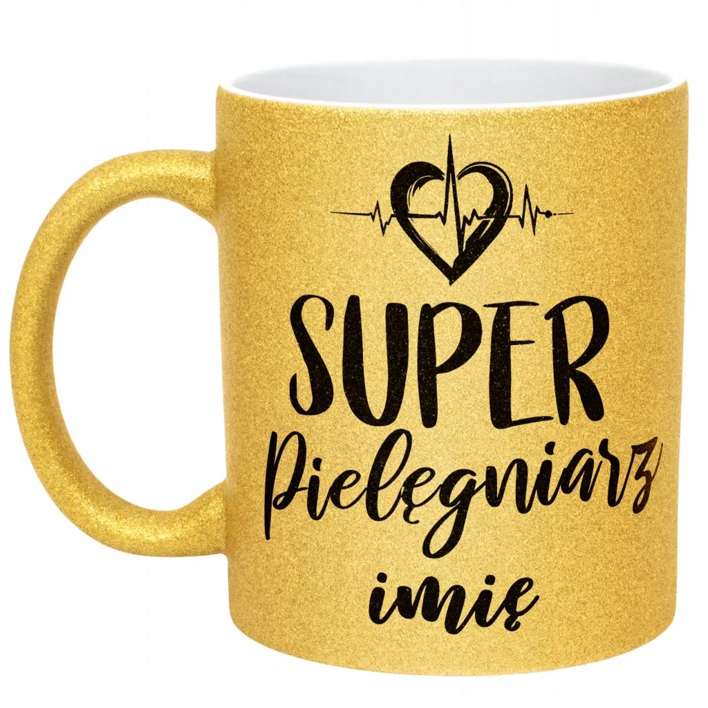 Złoty kubek brokatowy Personalizowany Super Pielęgniarz Prezent Upominek