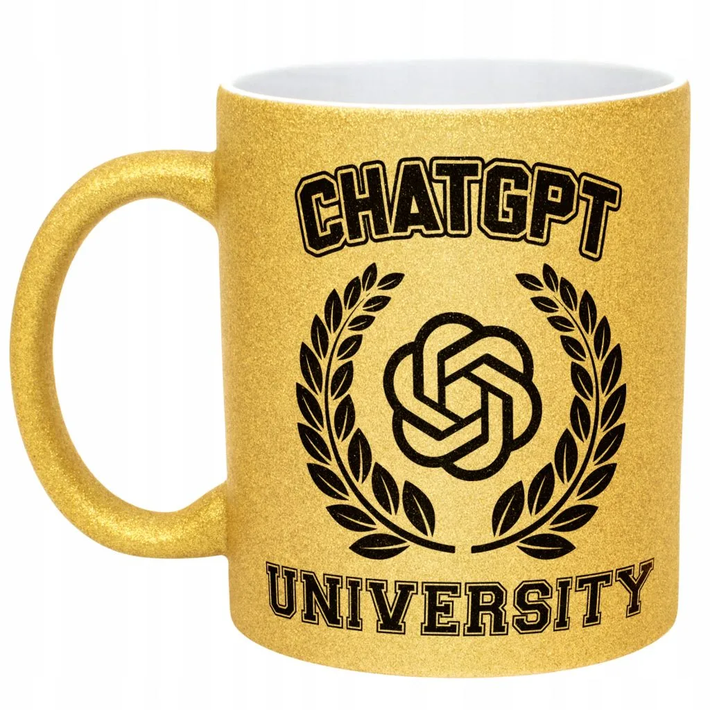 Złoty kubek brokatowy ChatGPT University Zabawny Prezent Upominek
