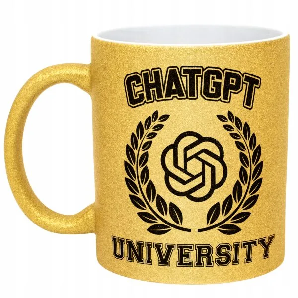 Złoty kubek brokatowy ChatGPT University Zabawny Prezent Upominek