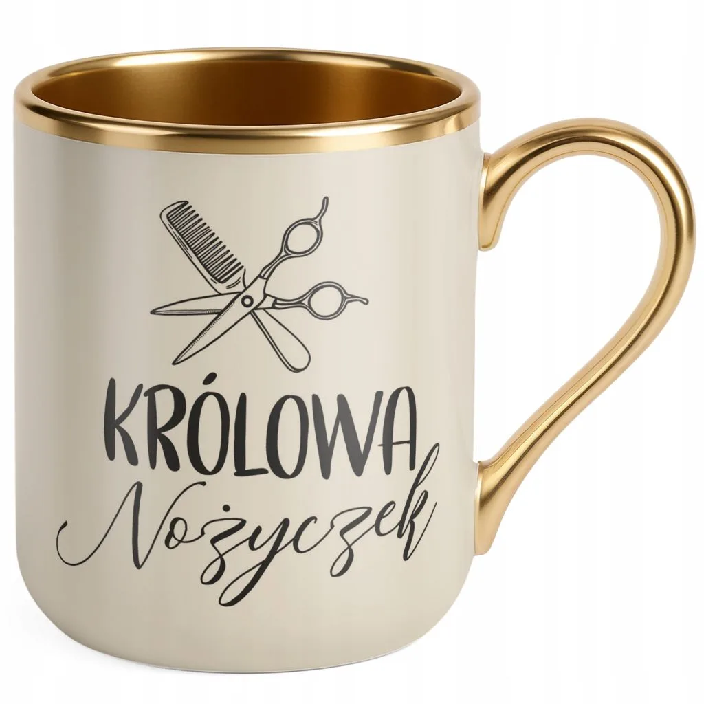Kubek Premium Złoty Ecru Królowa Nożyczek Dla Fryzjerki Barbera Prezent