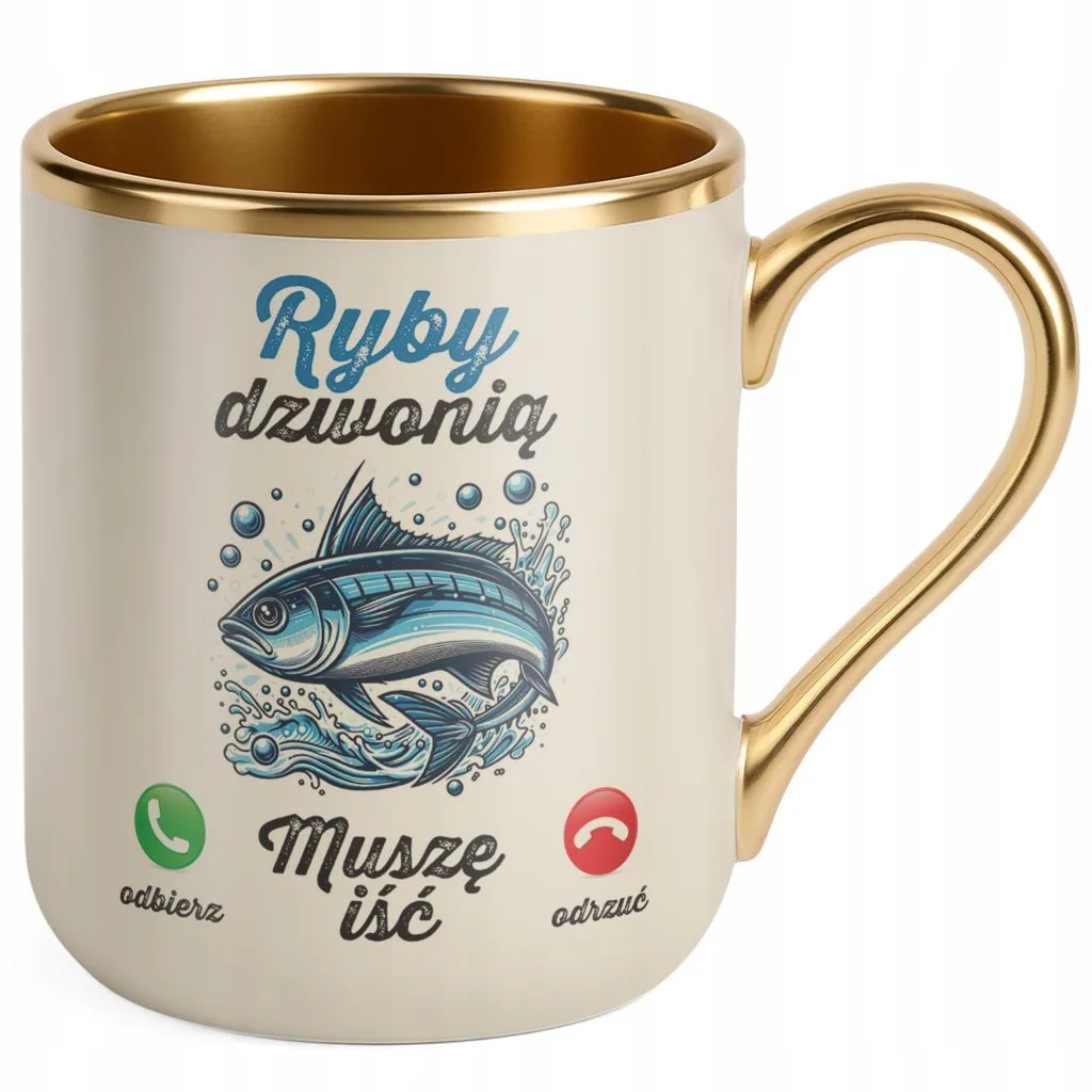 Kubek Premium Złoty Ecru Ryby Dzwonią Dla Wędkarza Prezent Upominek