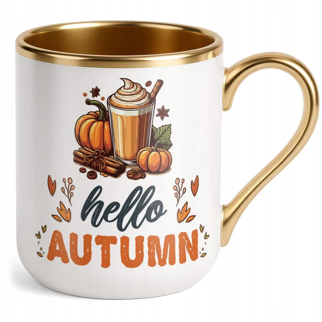 Kubek Premium Złoty Jesienny Jesień Hello Pumpkin Dynia Prezent