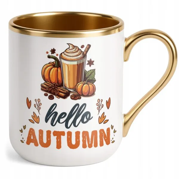 Kubek Premium Złoty Jesienny Jesień Hello Pumpkin Dynia Prezent