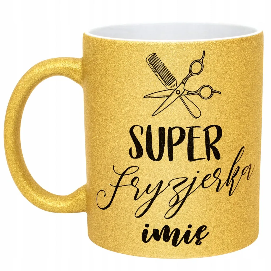 Złoty kubek brokatowy Personalizowany Super Fryzjerka Dla Fryzjerki