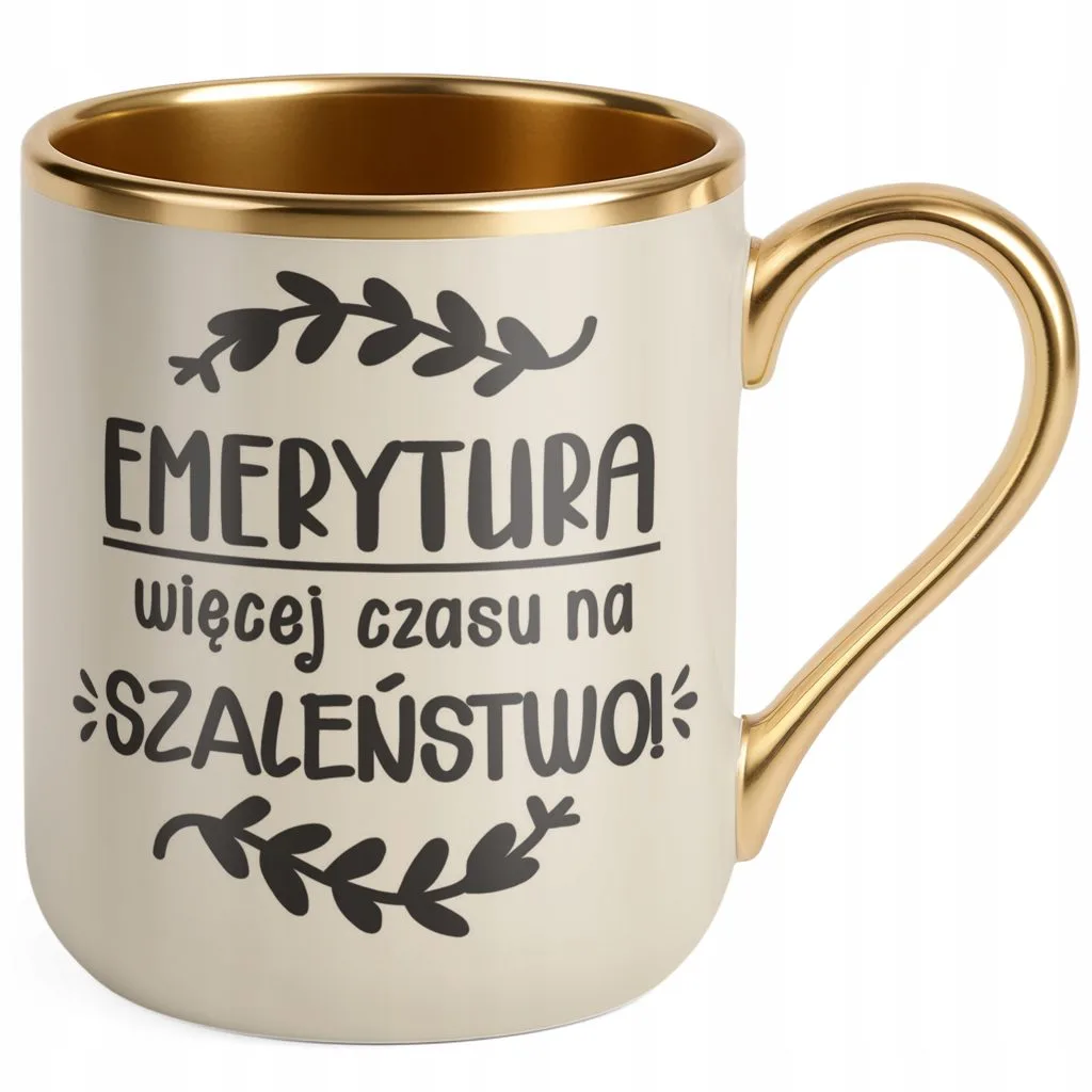 Kubek Premium Złoty Ecru Z okazji Emerytury Dla Emeryta Emerytki Prezent