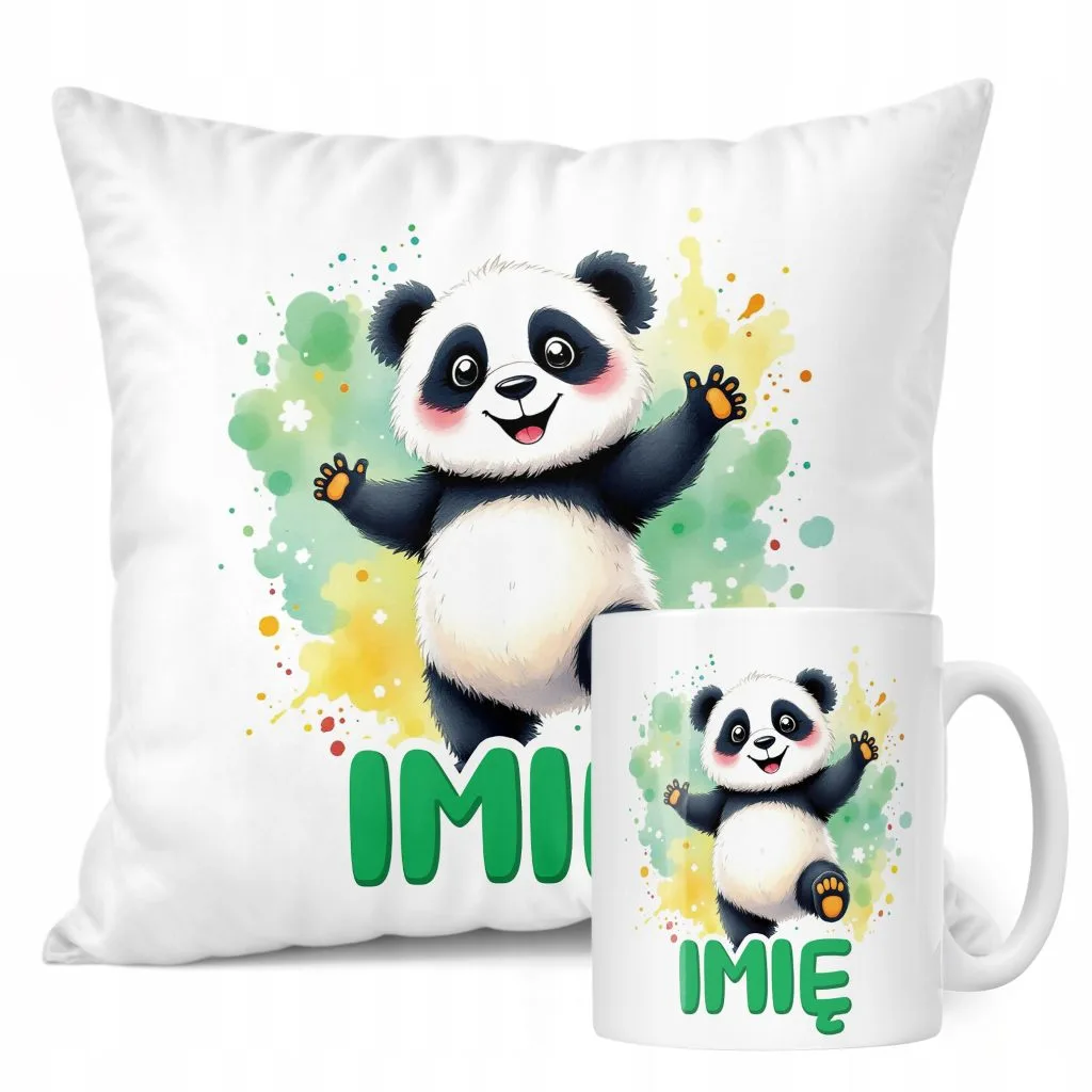 Zestaw personalizowany Kubek + Poduszka Panda Zwierzak Słodki Prezent