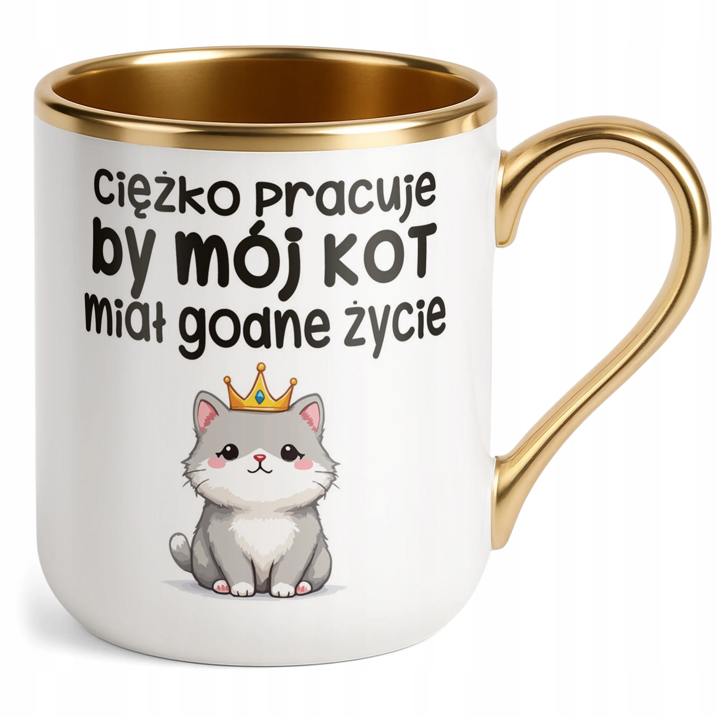 Kubek Premium Złoty Ciężko Pracuję By Mój Kot Śmieszny Zabawny Prezent