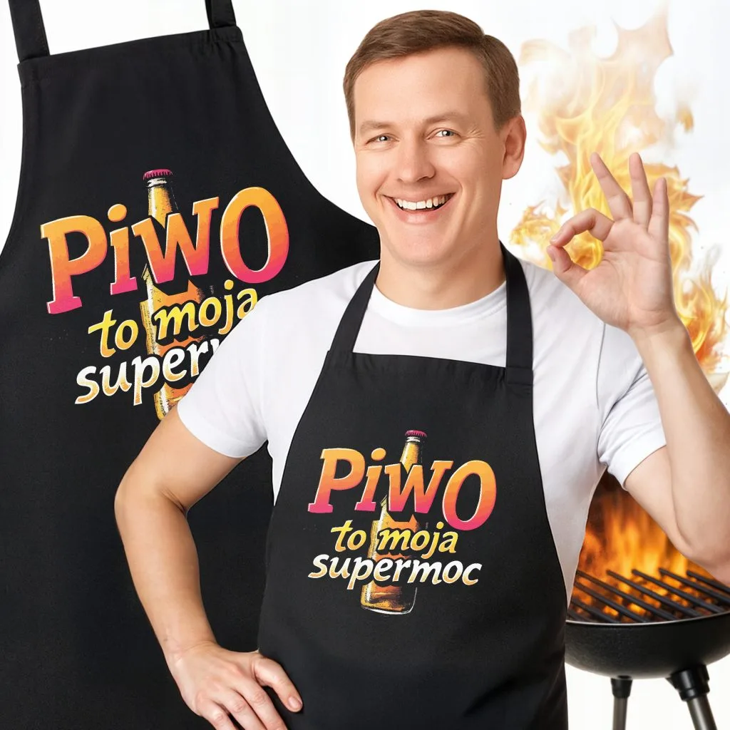 Bawełniany Czarny Fartuch Kuchenny Piwo To Moja Supermoc Z Nadrukiem