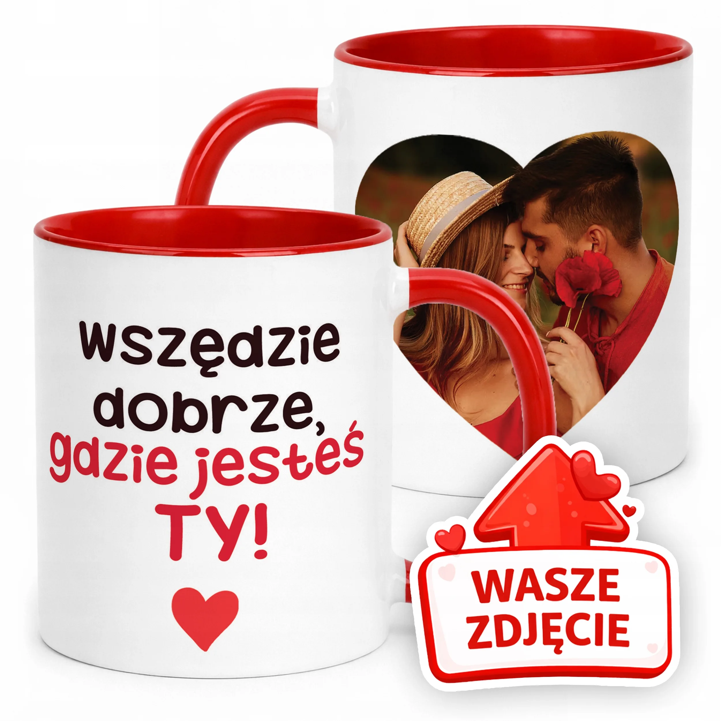 Kubek Czerwony Z Własnym Zdjęciem Serce Walentynki Prezent Upominek