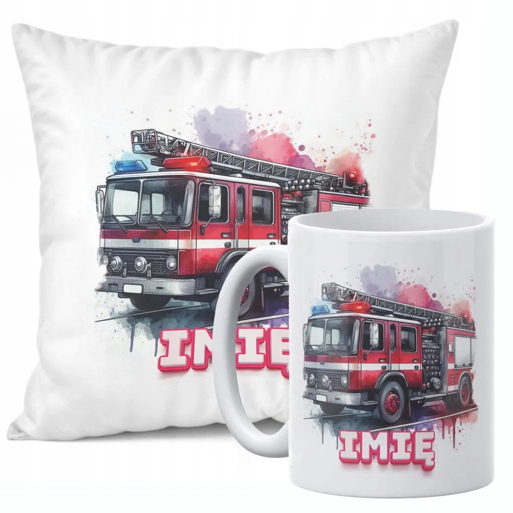 Zestaw Personalizowany Kubek + Poduszka 38×38 cm Dla Strażaka Wóz Strażacki