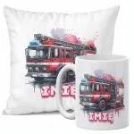 Zestaw Personalizowany Kubek + Poduszka 38×38 cm Dla Strażaka Wóz Strażacki