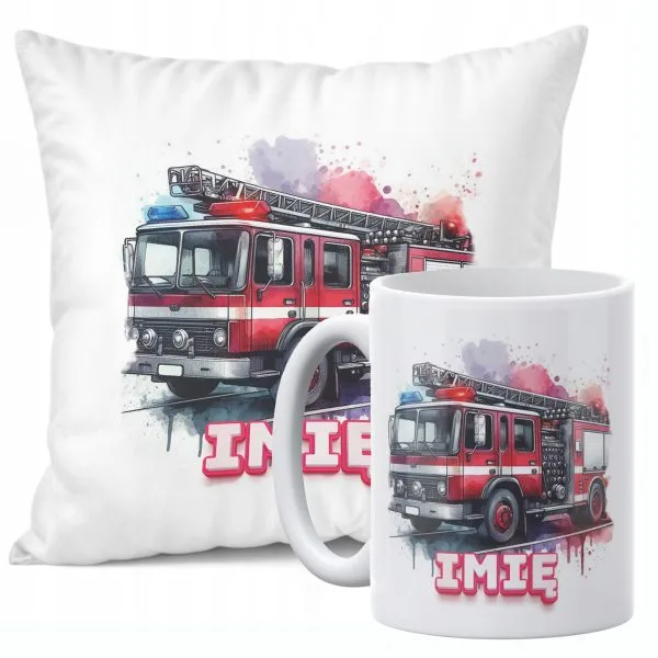 Zestaw Personalizowany Kubek + Poduszka 38x38 cm Dla Strażaka Wóz Strażacki