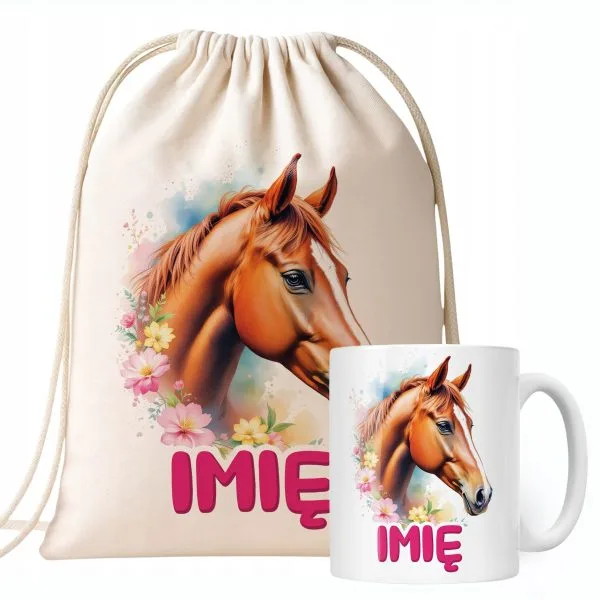 Zestaw personalizowany Kubek + Plecak Z Koniem Koń Słodki Dla Koniar