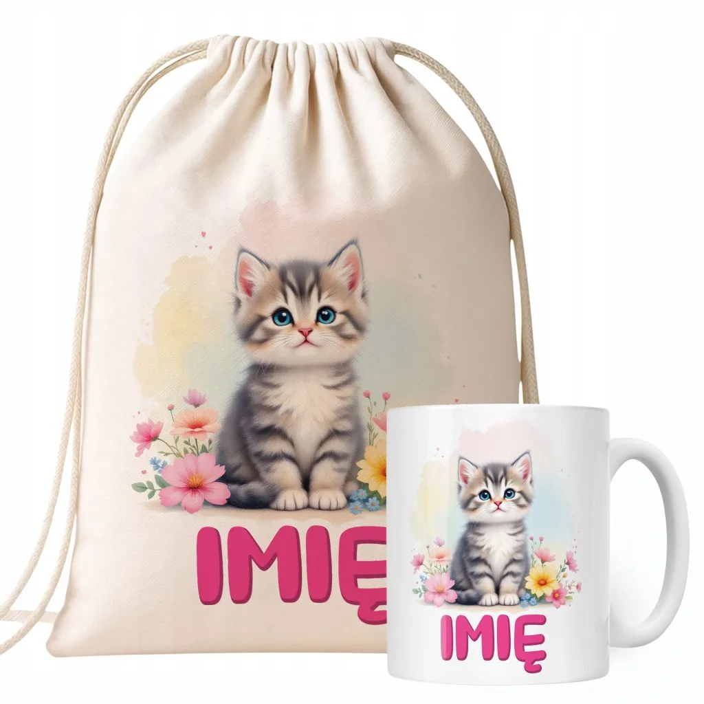 Zestaw personalizowany Kubek + Plecak Kot Kotek Zwierzak Słodki Prezent