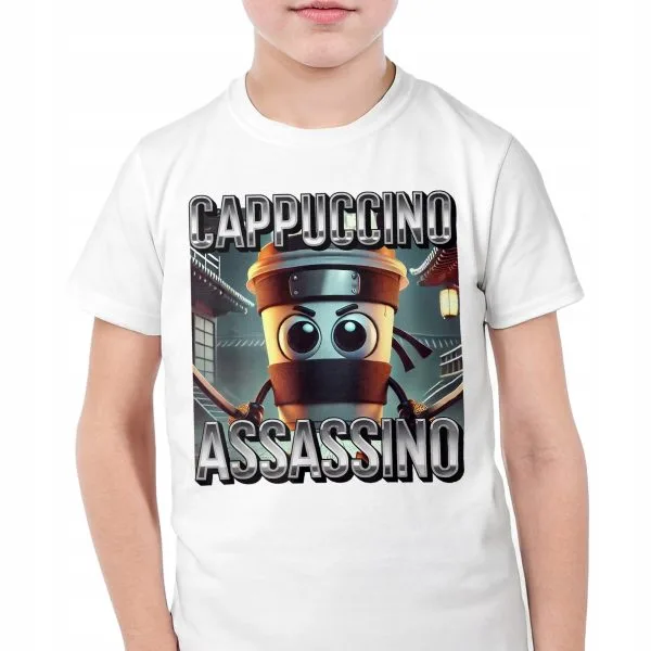 Koszulka biała dziecięca Cappuccino Assassino viral tiktok brainrot