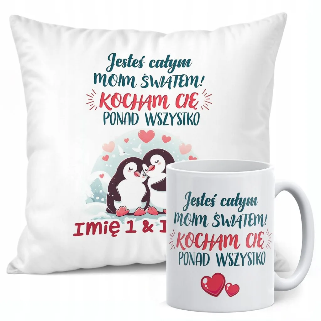Zestaw Kubek + Poduszka 38×38 cm Walentynki Z imionami Dla Pary Prezent