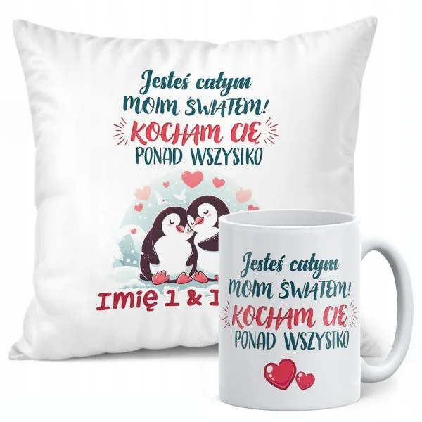 Zestaw Kubek + Poduszka 38x38 cm Walentynki Z imionami Dla Pary Prezent