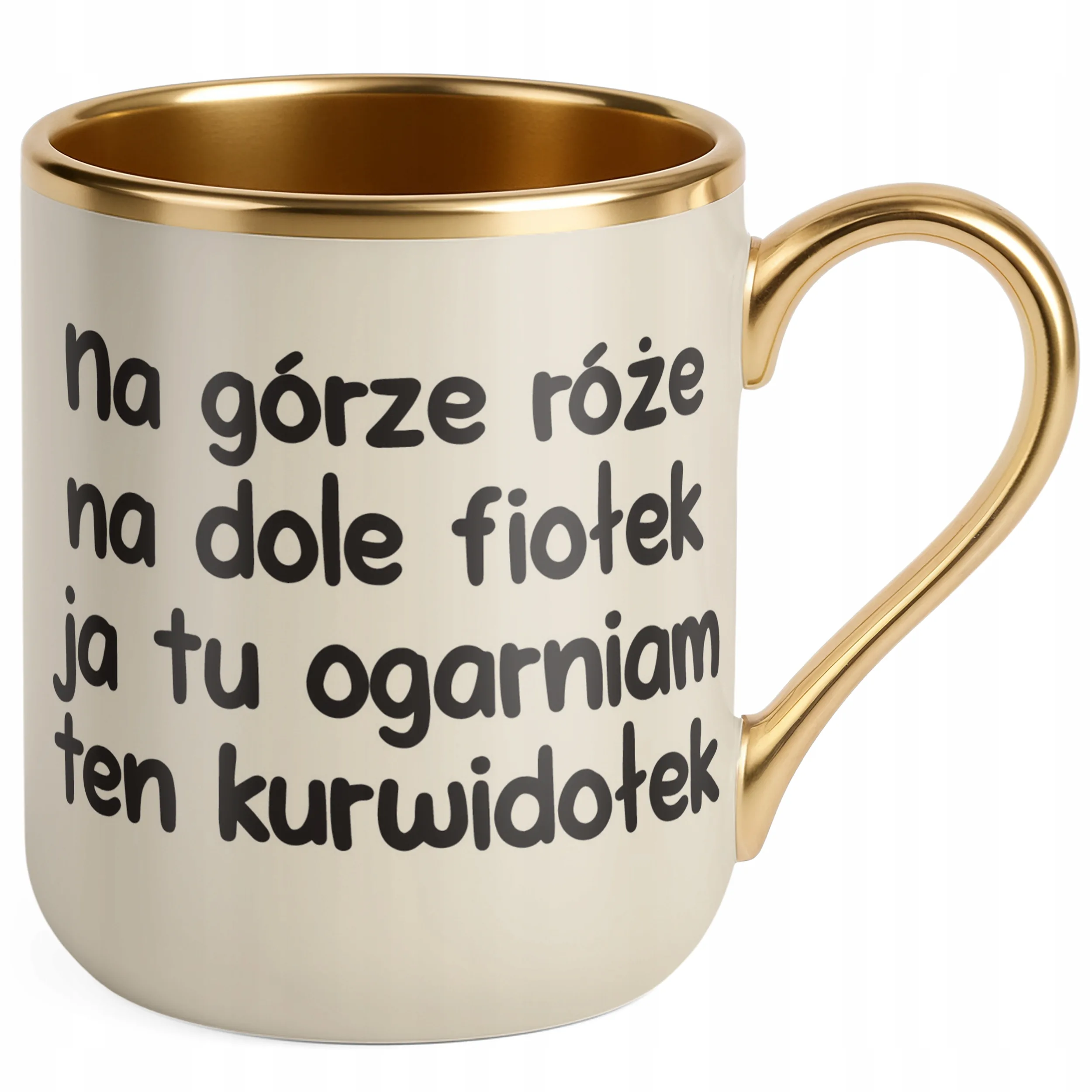 Kubek Premium Złoty Ecru Na Górze Róże Na Dole Fiołek Śmieszny Zabawny