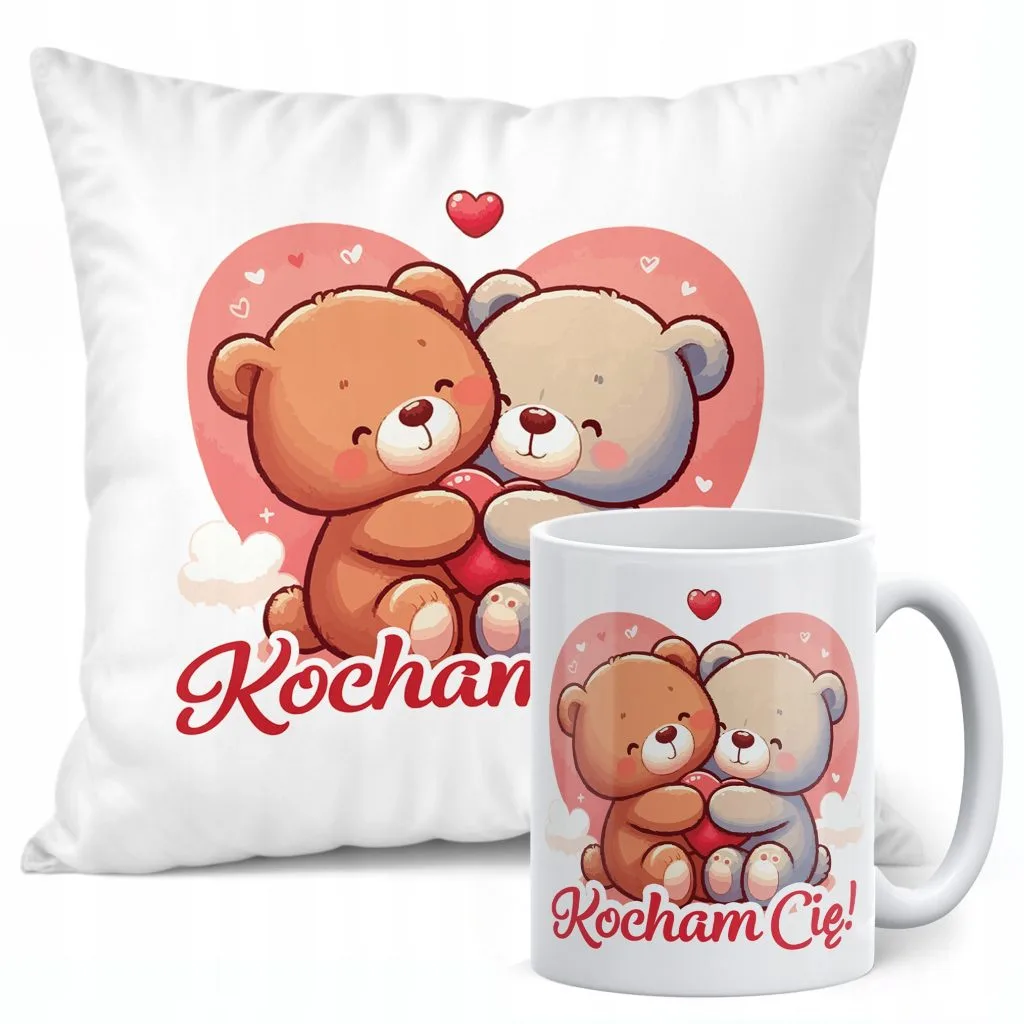 Zestaw Kubek + Poduszka 38×38 cm Walentynki Kocham Cię Misie Serce Prezent