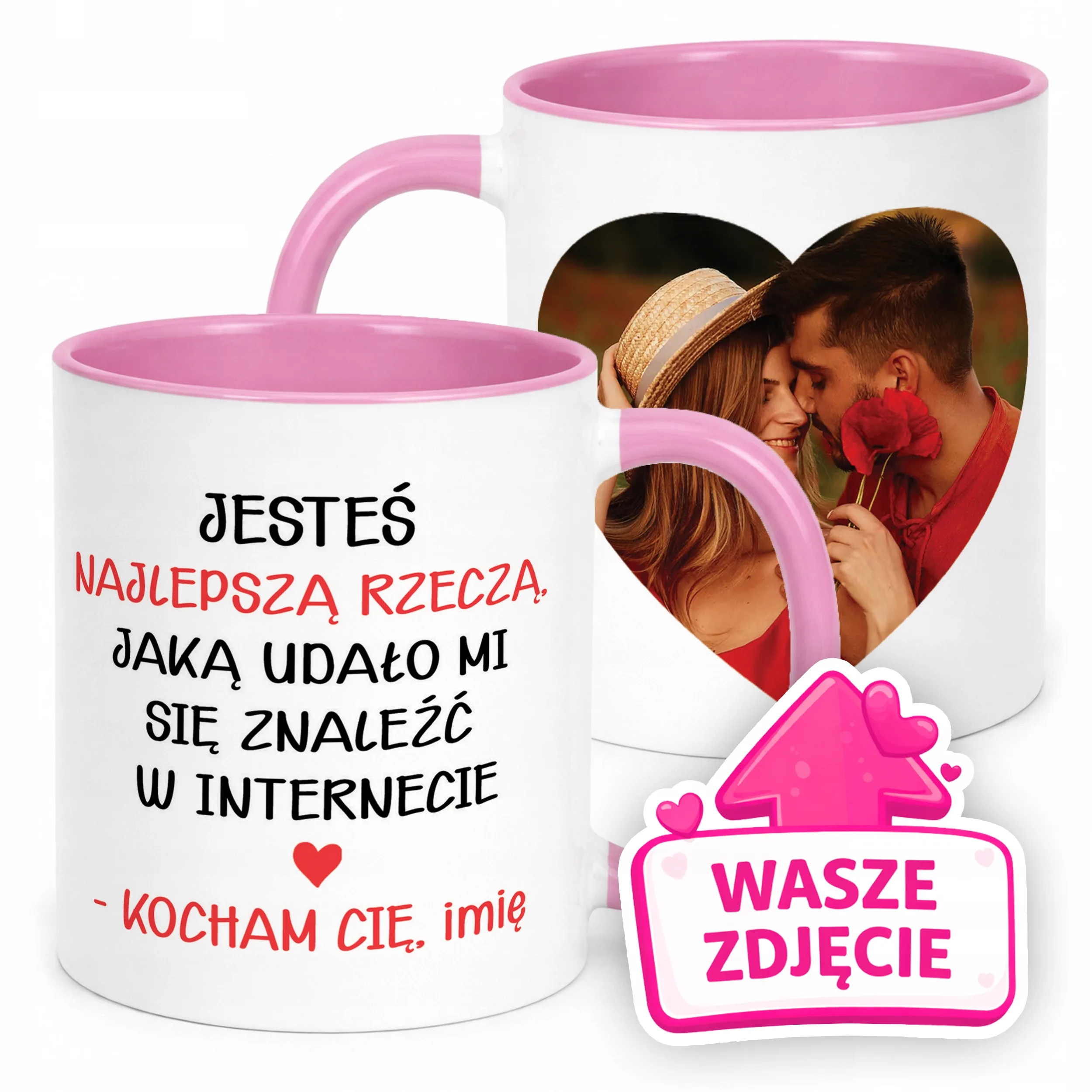 Kubek Różowy Z Własnym Zdjęciem Imionami Serce Walentynki Prezent