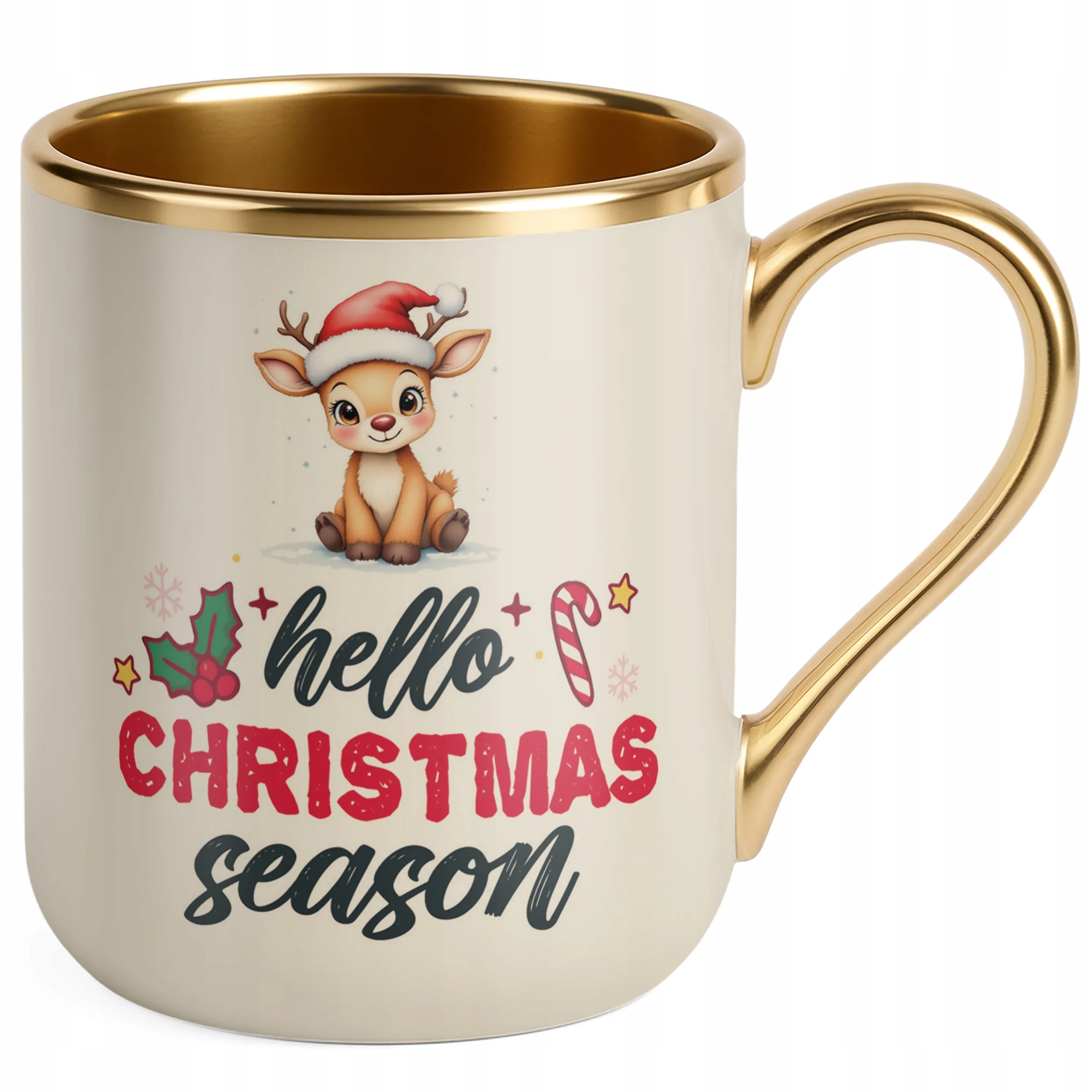 Kubek Premium Złoty Ecru Świąteczny Hello Christmas Boże Narodzenie