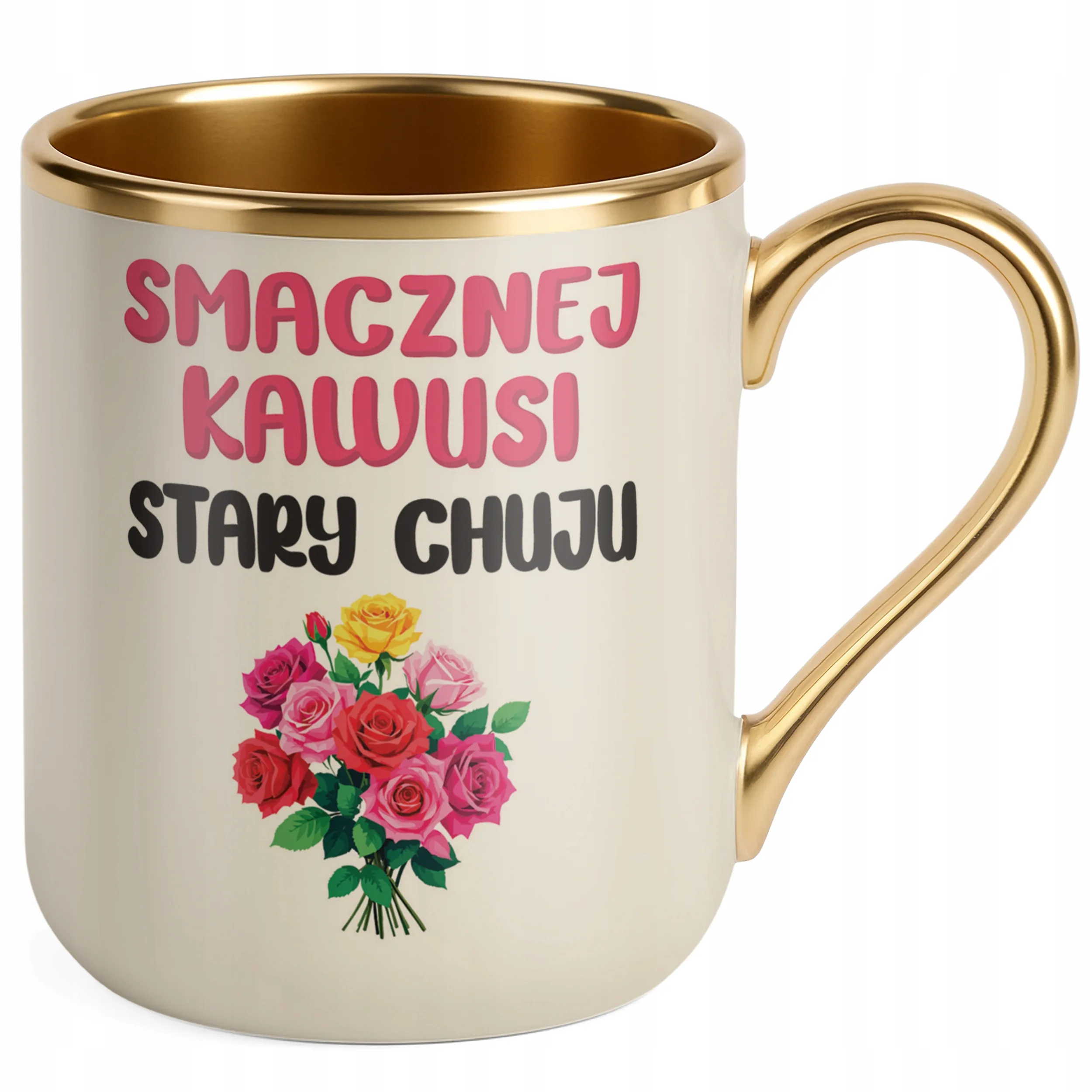 Kubek Premium Złoty Ecru Smacznej Kawusi Stary Ch**u Śmieszny Zabawny