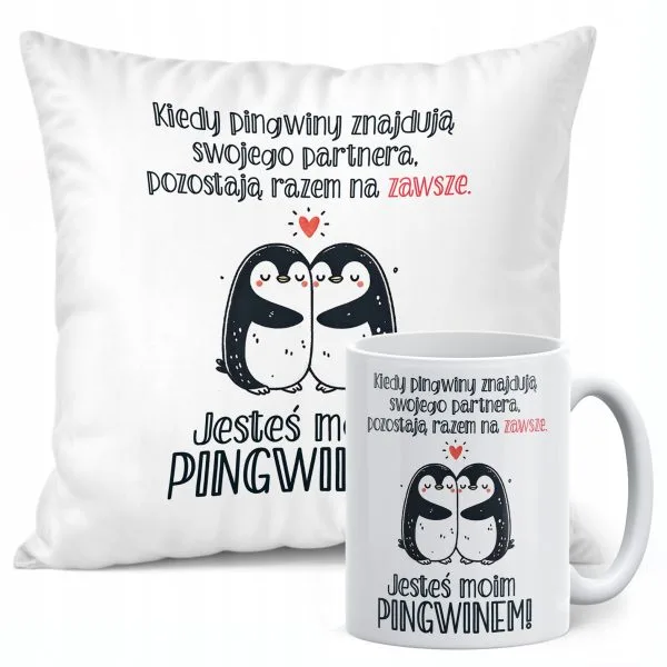 Zestaw Kubek + Poduszka 38x38 cm Walentynki Jesteś Moim Pingwinem Prezent